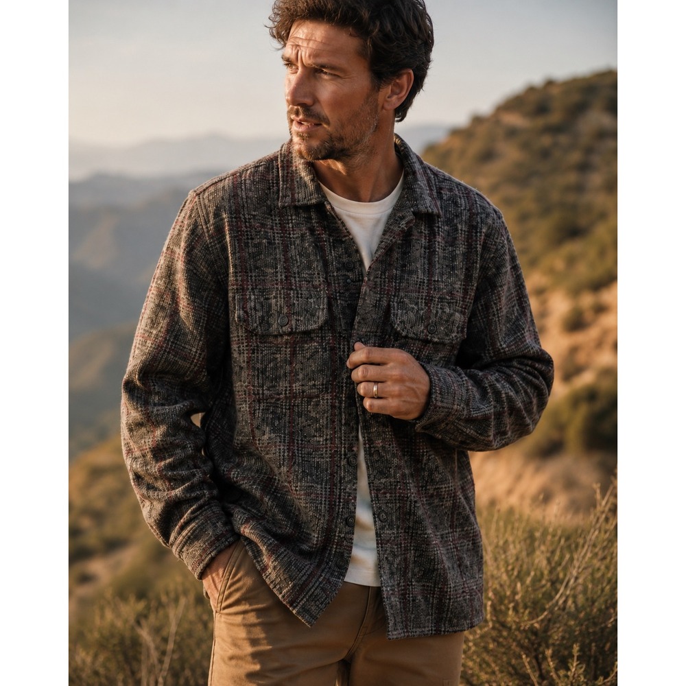 Universal Works FLEECE Plaid Wool Button Up Jacket Men LARGE UTILITY GARAGE